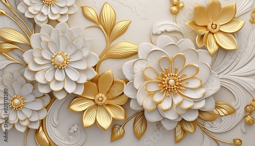 Light decorative texture of a plaster wall with voluminous decorative flowers and golden elements.