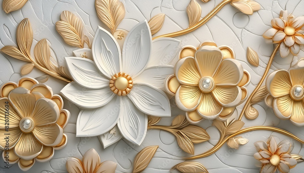 Light decorative texture of a plaster wall with voluminous decorative flowers and golden elements. Light decorative texture of a plaster wall with voluminous decorative flowers and golden elements.