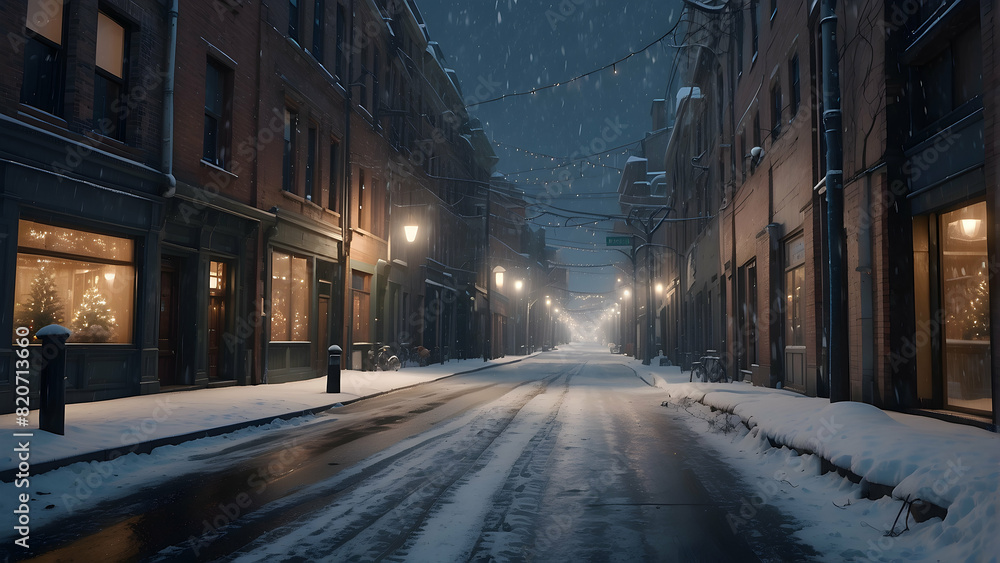 Fototapeta premium A wintry night with illuminated decorations and storefronts in an empty snow-covered street
