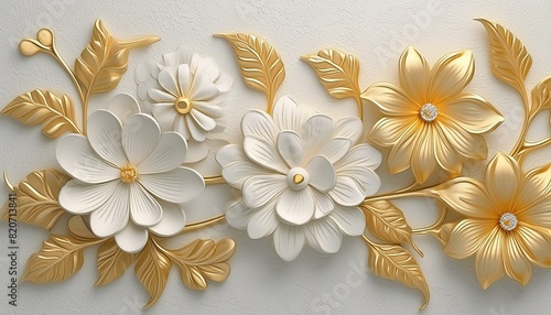 Light decorative texture of a plaster wall with voluminous decorative flowers and golden elements.