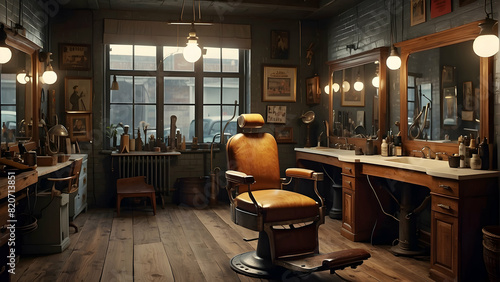 An authentically styled vintage barbershop interior with a classic barber chair © Heruvim