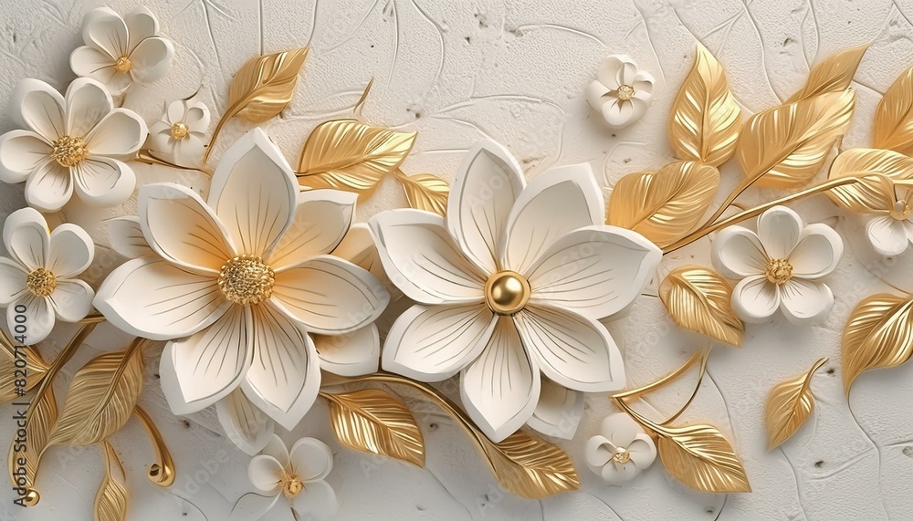 Light decorative texture of a plaster wall with voluminous decorative flowers and golden elements. Light decorative texture of a plaster wall with voluminous decorative flowers and golden elements.