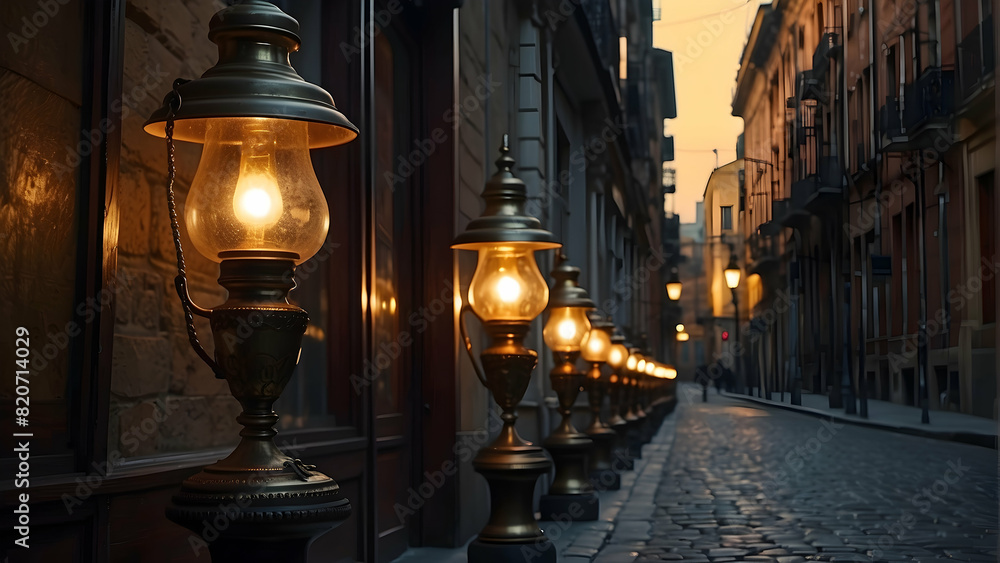 Naklejka premium A beautifully illuminated cobblestone street with a series of antique street lamps reflecting the rich history of the area