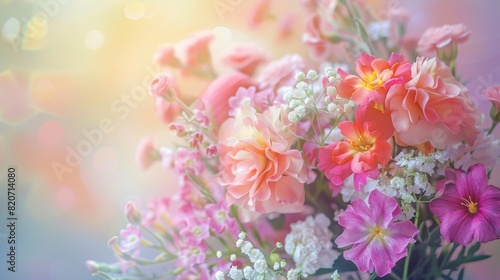 beautiful bright tender bouquet of flowers for birthday  soft pastel color background