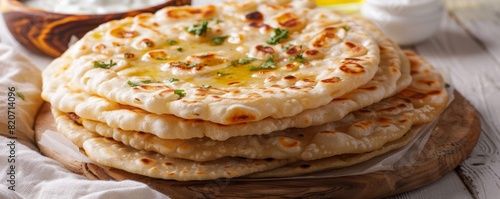 closeup of indian flatbread stuffed with potatoes, aloo paratha served with butter or curd, Indian cuisine, copy, space, white background, Stuffed bread, Homemade, white background