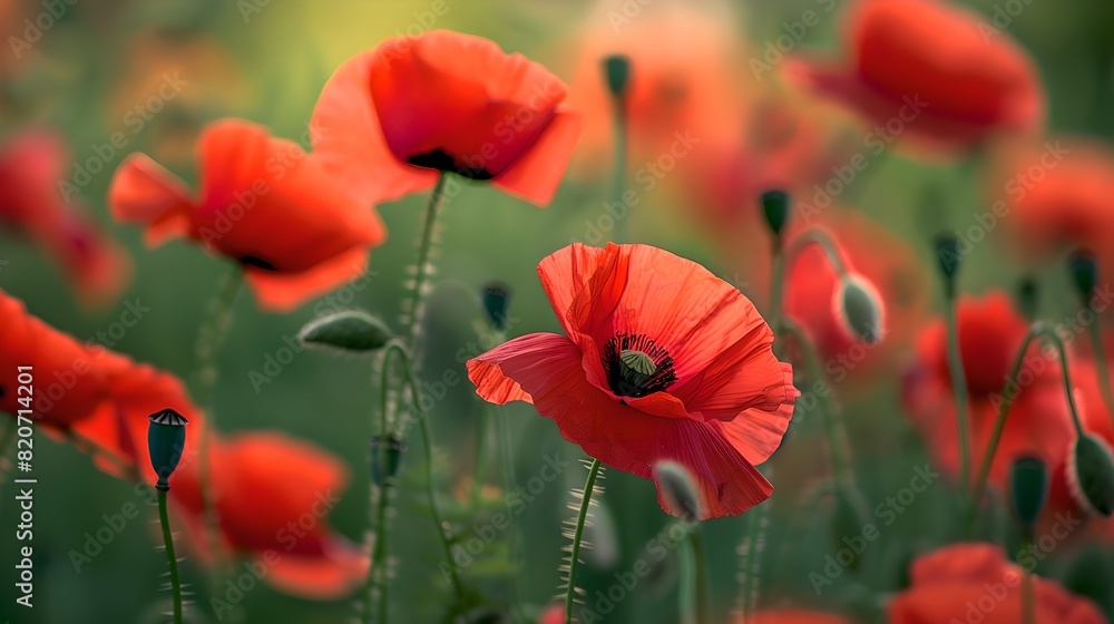 Close up photo of red poppies in a field. Beautiful and vibrant red flowers. Nature scene with flowers in bloom. AI