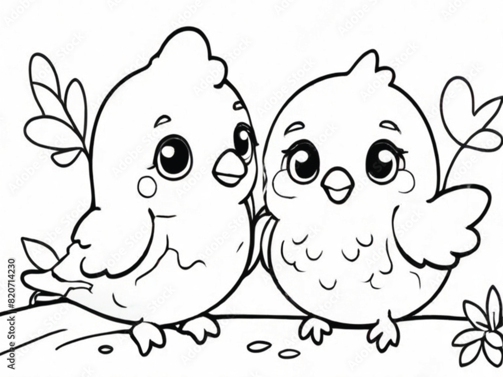 The default coloring book page on a white background depicts cute birds The default coloring book page on a white background depicts cute birds