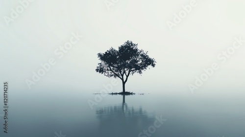 Minimalist background showcasing a single tree silhouette against a pale background  nature theme  tranquil  Double exposure  serene landscape backdrop