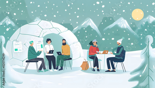 Clipart of a team meeting in an igloo brainstorming with laptops and flip charts in a snowy landsca Generative AI