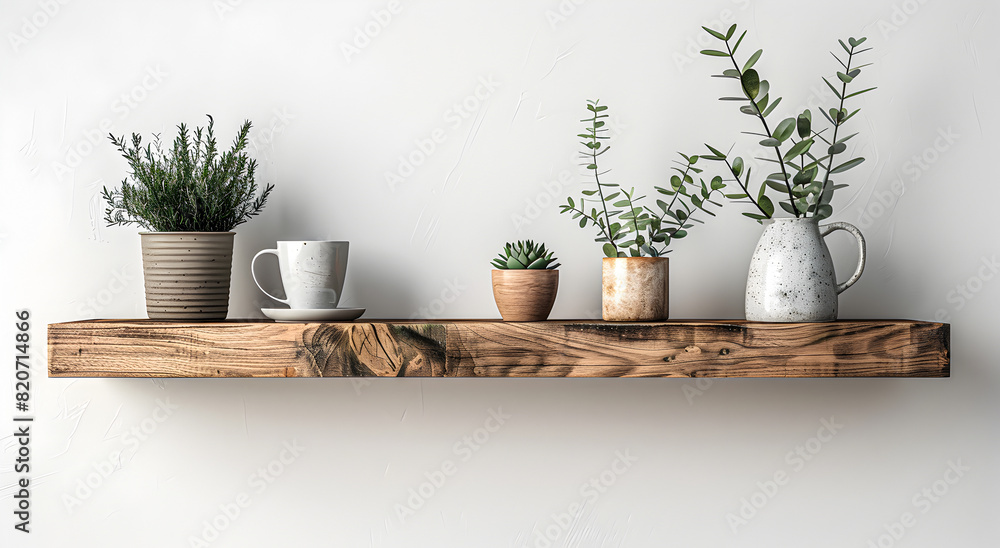 Fototapeta premium A sleek wooden shelf on a white wall.