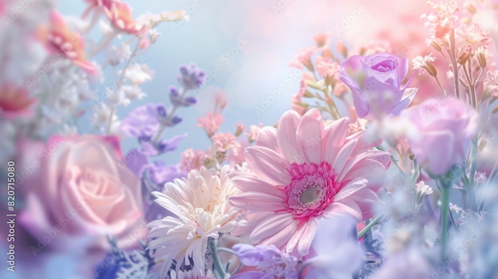 beautiful bright tender bouquet of flowers for birthday, soft pastel color background