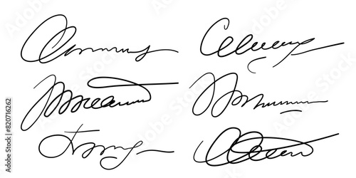 Set of different fake autographs and signatures, mimicking authenticity for certificates, letters or documents, featuring handcrafted doodles and scribbles, vector illustration