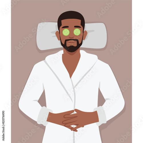 Man with beauty masks on faces use organic creams to get rid of wrinkles and rejuvenate skin. Flat vector illustration isolated on white background