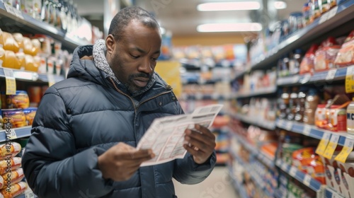 Man Reading Coupons in Supermarket photo