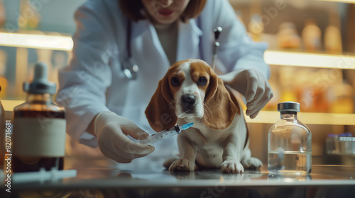 A female doctor in a white lab coat gives an injection to a dog. A beagle dog sits on a table in front of a medicine bottle. Drug tests