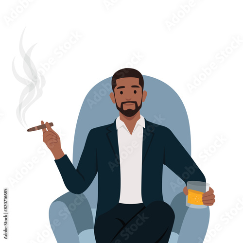 Young man aristocrat sits in armchair in expensive formal suit and drinks brandy with cigar. Flat vector illustration isolated on white background