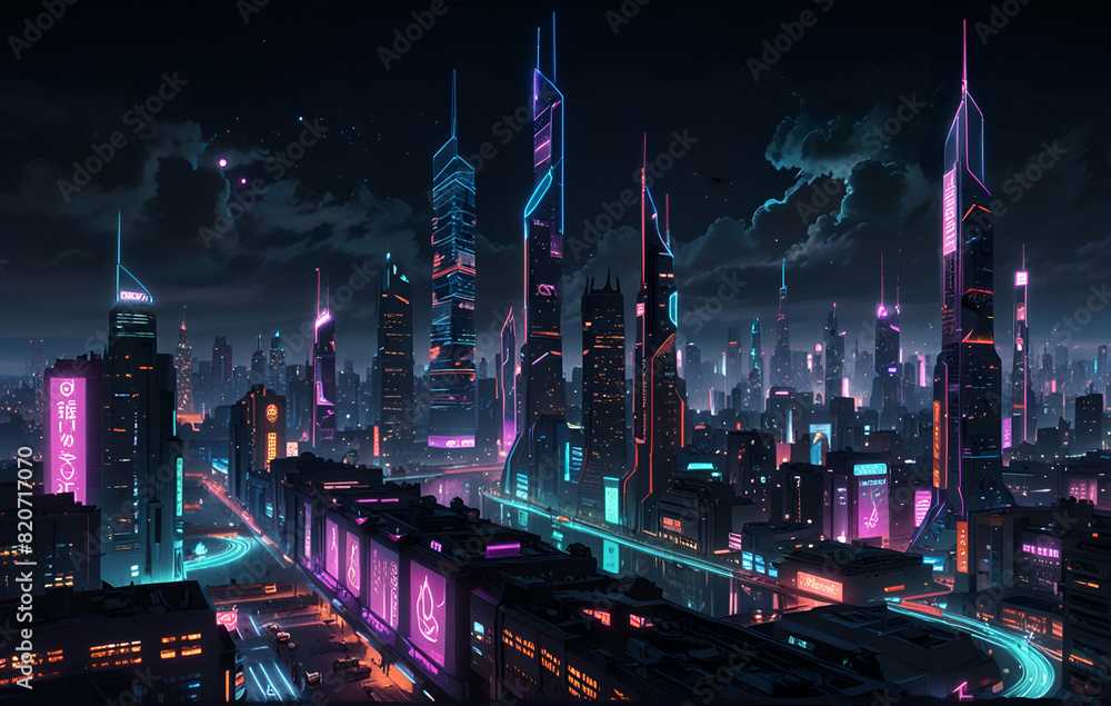 Obraz premium The city at night transforms into a dazzling tapestry of lights and shadows, a vibrant and dynamic landscape that pulses with energy and life. Skyscrapers stand tall and proud, their windows a glow 