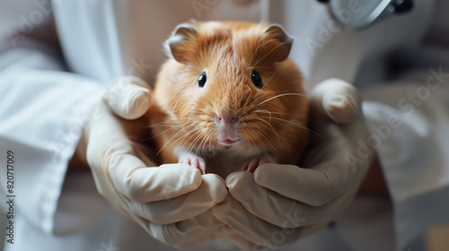 A man in a white lab coat and white medical gloves holds a small guinea pig in his hands. Laboratory tests