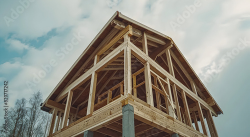 Construction of wooden country house, wooden beam supports. The concept of the industry of frame fast-built houses.