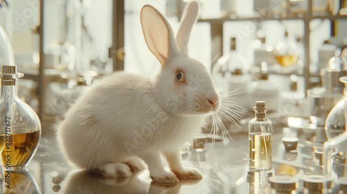 A white laboratory rabbit sits on a table with various bottles and test tubes with perfumes and cosmetics. The action takes place in a laboratory