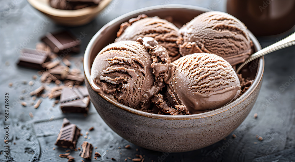 Decadent Chocolate Ice Cream Scoops in Bowl with Spoon - Dessert Close-Up. Decadent Chocolate Ice Cream Scoops in Bowl with Spoon - Dessert Close-Up.