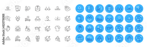 Collagen skin, Shirt and Bra line icons pack. Moisturizing cream, Wash hands, Lingerie web icon. Bathrobe, T-shirt, Skin care pictogram. Iron, No sun, Sunscreen. Aroma candle, Vitamin d. Vector