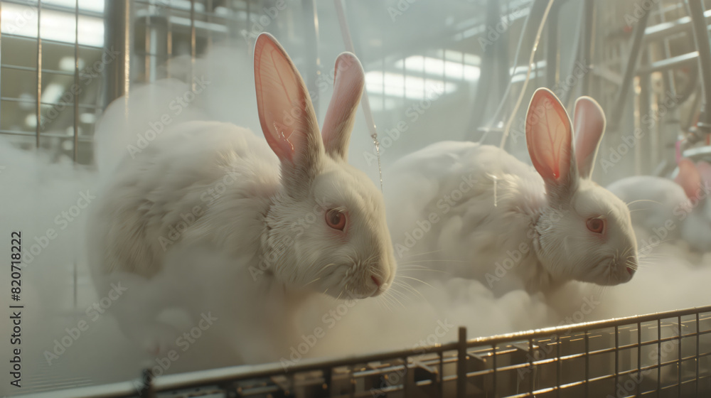 Conducting a chemical experiment on albino rabbits. Two white rabbits ...