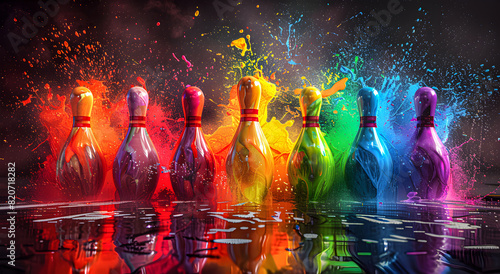 Explosive colorful abstract bowling pins with dynamic paint splatter illustration.