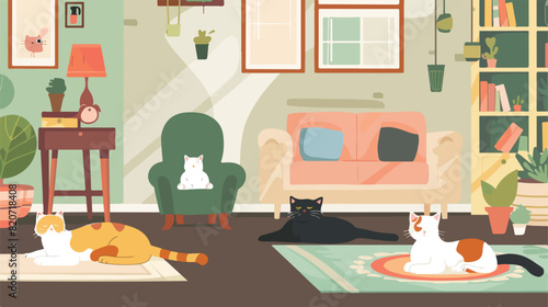 Cute cats lying on rug in living room Vector illustration © Blue