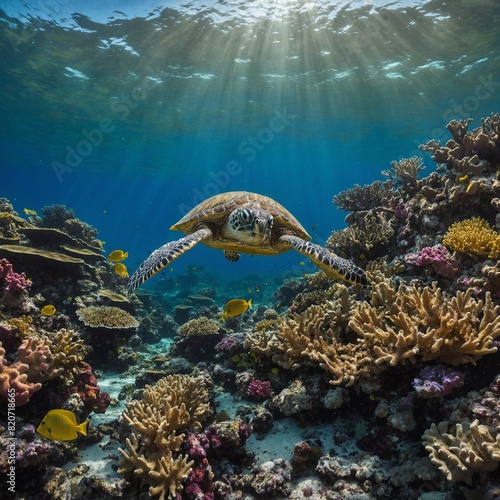 A colorful coral reef teeming with life and a curious sea turtle.  