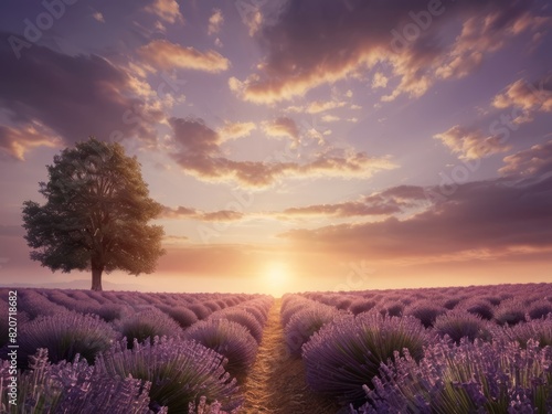 Sunset s hues softly illuminate the tranquil purple lavender field.
