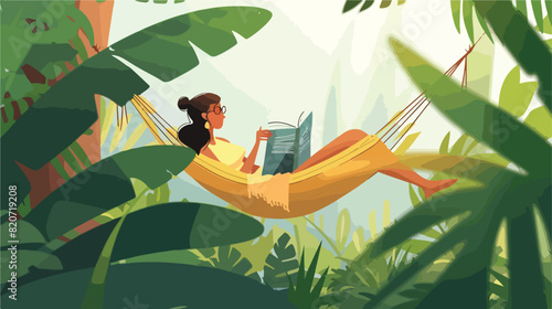 Lokii34 Young woman reading book while relaxing in hammock ou