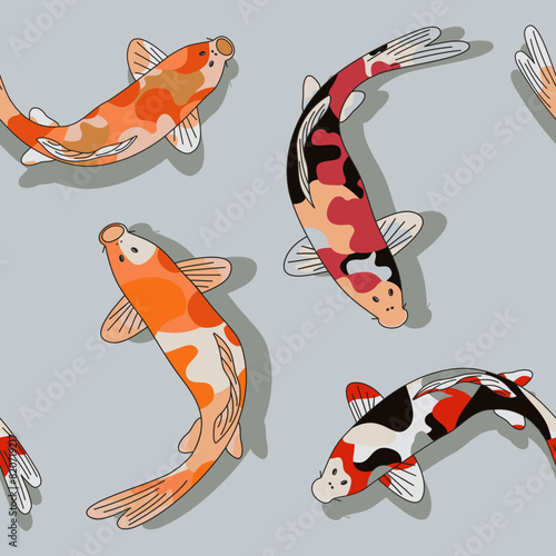 Japanese Koi fish seamless repeating pattern. Carp fish from Japan. Hand drawn vector eps.