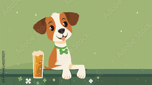 Cute dog with glass of beer near color wall. St. Patr photo