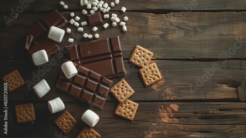 A wooden table featuring a tempting display of food ingredients like chocolate, marshmallows, and crackers, perfect for making delicious indoor smores AIG50 photo