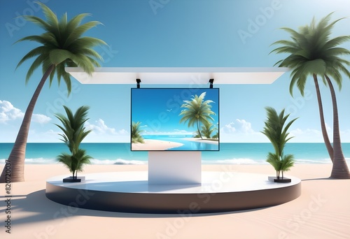 Abstract minimal display podium for showing products or cosmetic presentation with summer beach scene. 