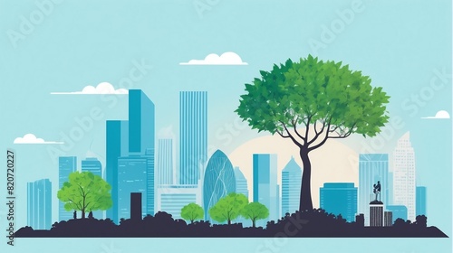 Illustration of a sustainable city with urban greenery, showcasing a harmonious blend of skyscrapers and trees, promoting eco-friendly urban living