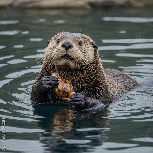 A playful sea otter holding a shell on its belly in a calm bay.