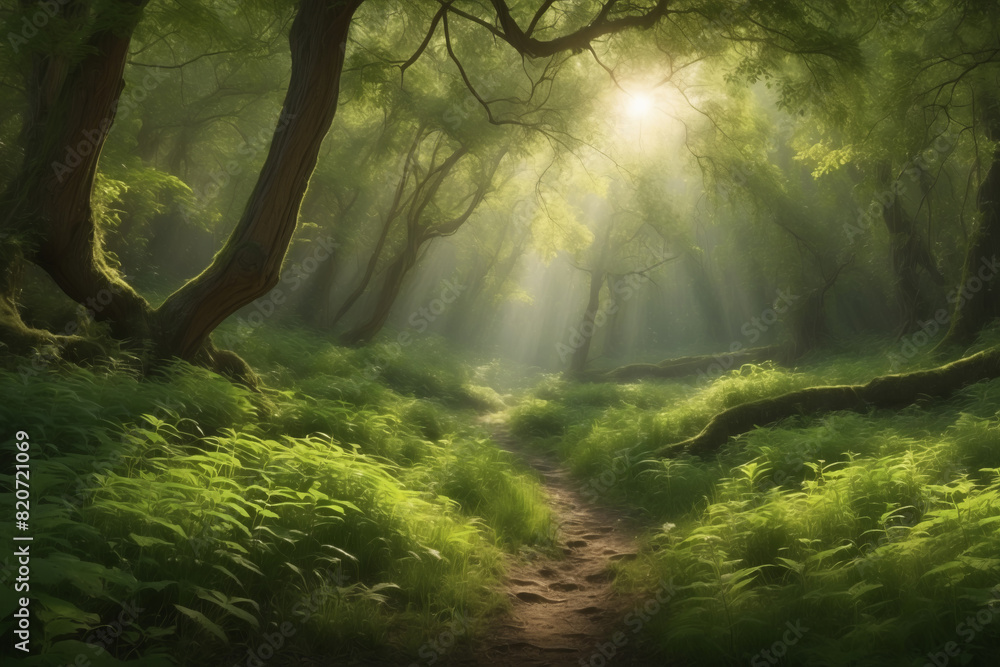 A path in the forest, the sun is shining through the trees