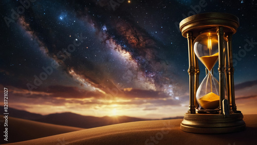 Hourglass hovering in space with ammonite fossil inside clock standing on petrified mollusc against cloudy sky and shining stars. Symbol of eternity, extinction and evolution, time is over concept. 