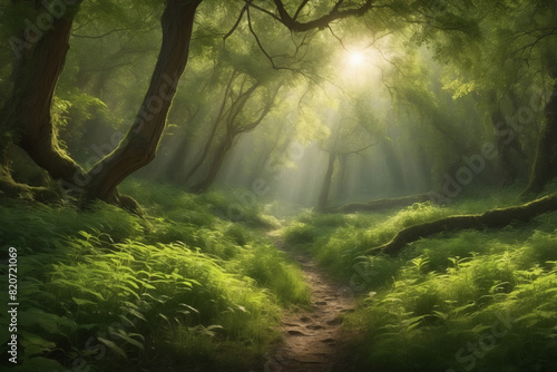 A path in the forest, the sun is shining through the trees