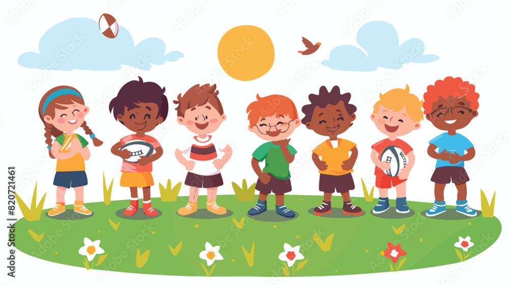 Cute little children with rugby ball outdoors Vector
