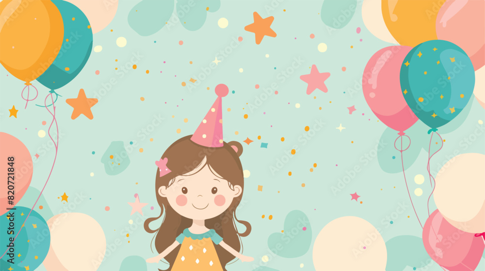 Cute little girl in party hat and with balloons 