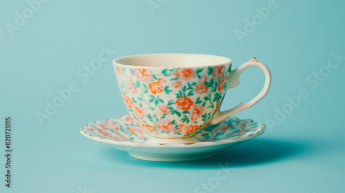 Vintage Tea Cup With Saucer on Blue Background