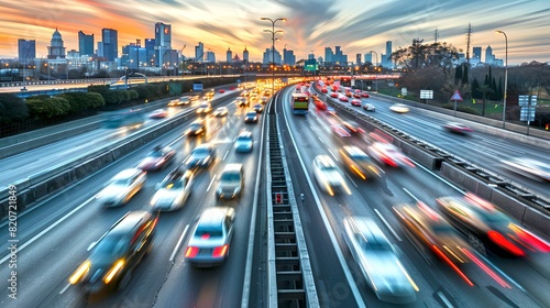 Busy Highway at Twilight with Blurred Vehicles. Rush Hour Traffic in Urban Cityscape. Concept of Speed and Modern Life. AI