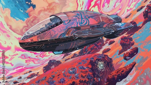 AnimeManga of a deployable cargo drop pod, designed for emergency descent in silent, compact form, illustrated within a psychedelic patterned alien landscape photo