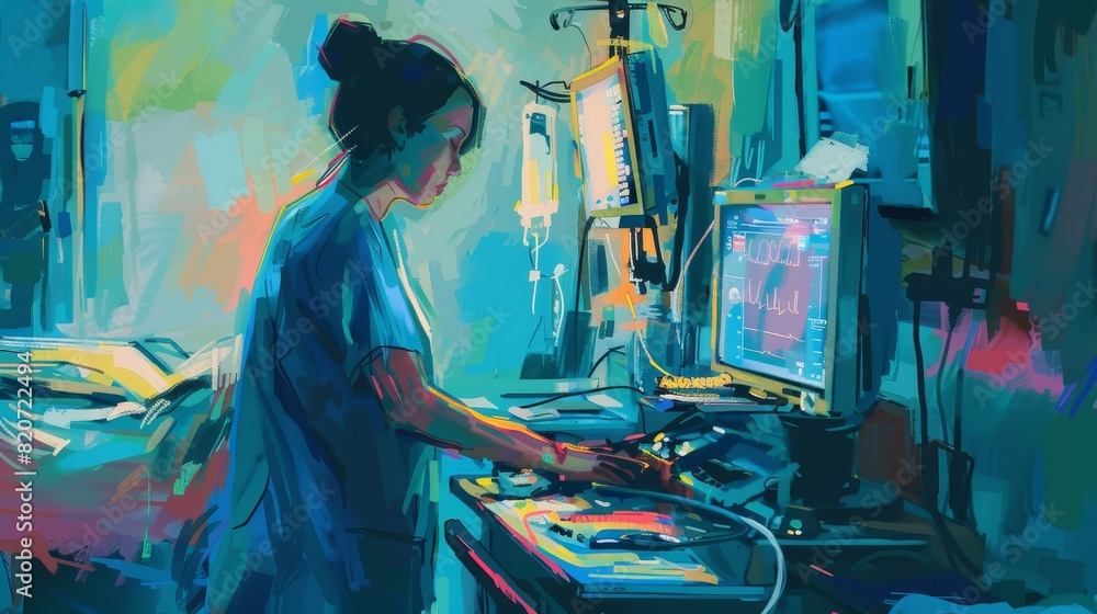 Digital Painting of a nurse monitoring patient vital signs in an ICU ...