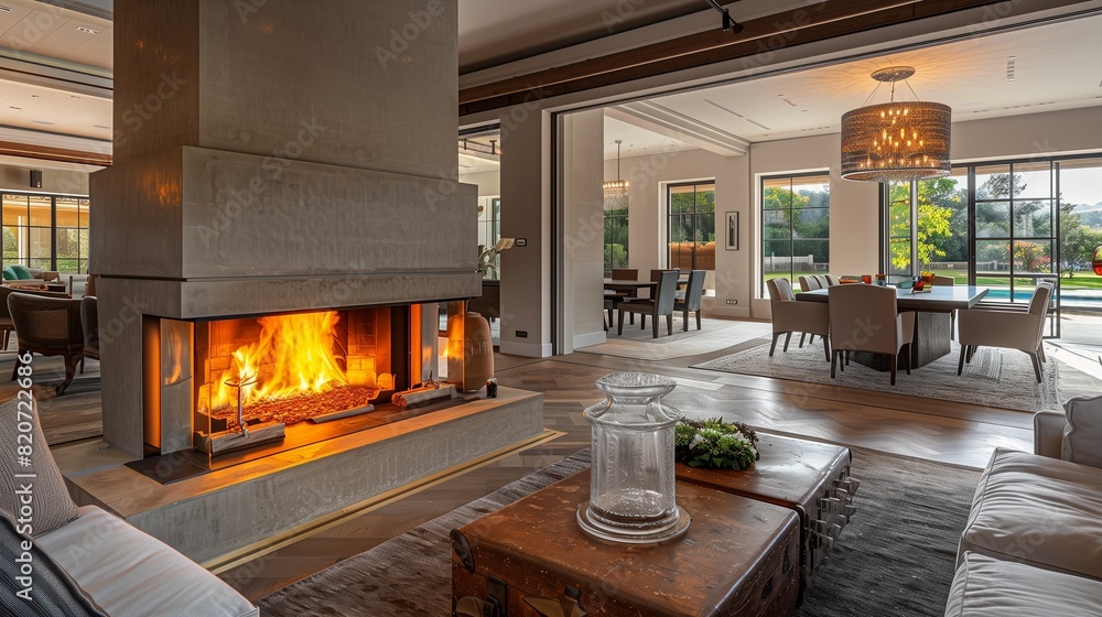A drawing room with a dual-sided fireplace visible from both the living and dining areas