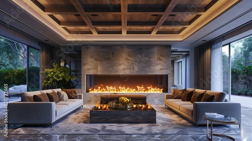 A drawing room with a dramatic coffered ceiling and a modern fireplace surrounded by natural stone photo