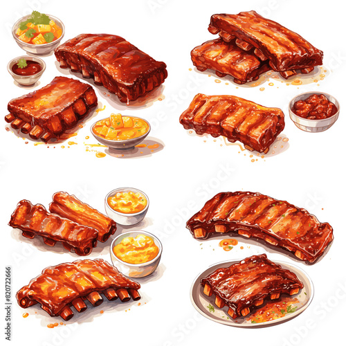 Set of delicious  Grilled Ribs with bqb sauce, isolated on a white background. 